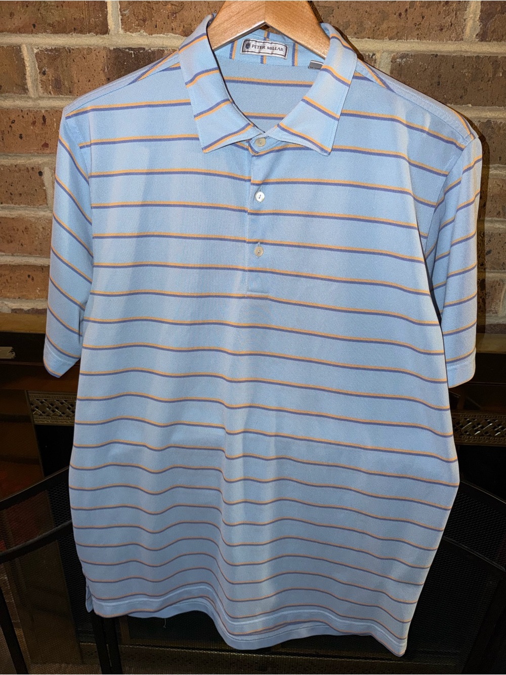 Peter Millar Light Blue Polo with Orange and Navy Stripes